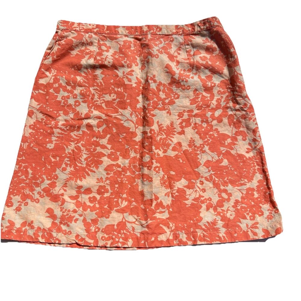 L.L.Bean Floral Print Skirt Linen Blend Classic Fit A-Line L Orange
